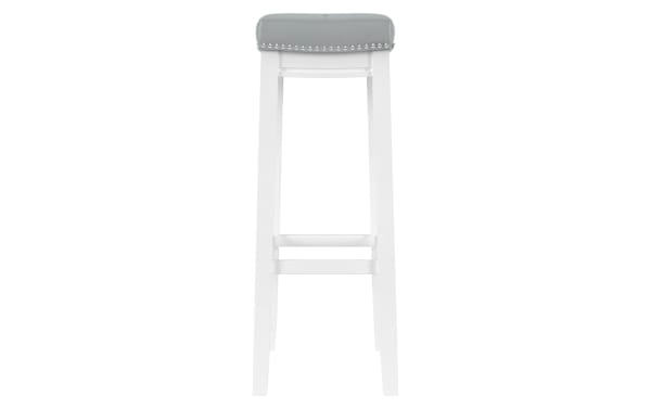 Ryann Light Gray Faux Leather Backless Bar Height Stool with padded cushion, nailhead trim, and sturdy rubberwood frame in contemporary style.