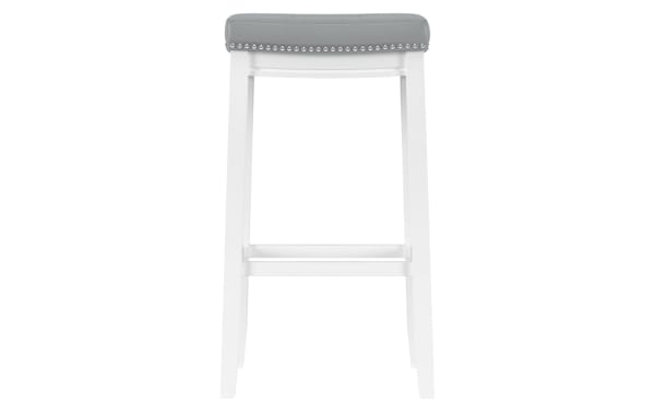 Ryann Light Gray Faux Leather Backless Bar Height Stool with padded polyester seat, nailhead trim, and sturdy white rubberwood frame in contemporary style