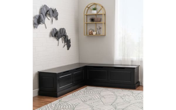 Troy Black Backless Nook Seating in traditional style, solid pine and MDF, featuring black L-shaped bench with hidden storage and paneled drawer fronts.