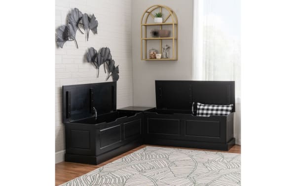Troy Black Backless Nook Seating in traditional style, solid pine and MDF, black finish, L-shaped with hidden storage beneath hinged seats.
