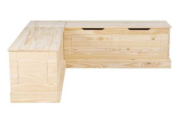 L-shaped wooden storage bench made of light natural pine with a smooth finish and built-in handles for easy opening.