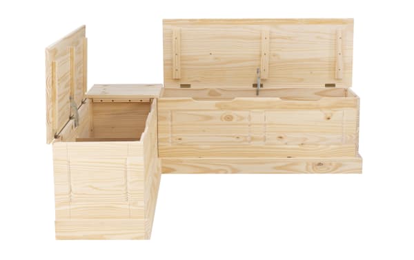 Natural pine wood storage bench with two hinged lids for dual compartment access, showcasing smooth finish and simple panel design.