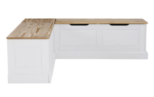 White wooden L-shaped storage bench with natural wood grain top, featuring paneled sides and built-in handles for easy access.