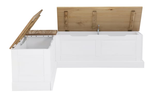 White wooden L-shaped storage bench with natural wood hinged lids open to reveal spacious compartments, featuring panel detailing and metal support hinges.