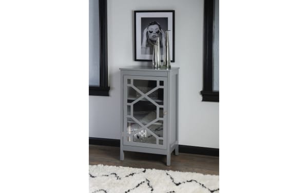 Frankie Gray Cabinet from the Frankie collection, a transitional style gray MDF and glass storage cabinet with a glass pane door and interior shelving.