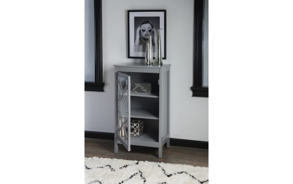 Frankie Gray Cabinet from the Frankie collection, a transitional style gray MDF and glass storage cabinet with a glass-pane door and three interior shelves.
