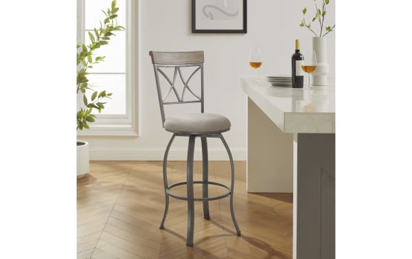 Traditional Homer Beige & Pewter Cross Back Bar Height Stool with steel frame, beige polyester fabric seat, lattice backrest, and swivel base