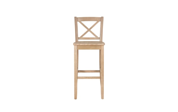 Natural Cross Back Solid Wood Bar Height Stool in rustic natural rubberwood and MDF with durable cross-back design and clean lines for kitchen or bar seating.
