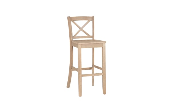 Natural Cross Back solid wood bar height stool in rustic finish, made from rubberwood solids and MDF, featuring a durable frame with cross-back design.
