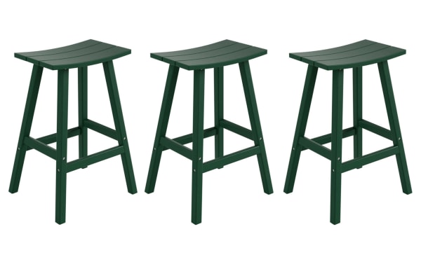 Set of 3 Paloma Green backless outdoor bar height stools with curved rectangular seats, made of durable high-density plastic in transitional style.