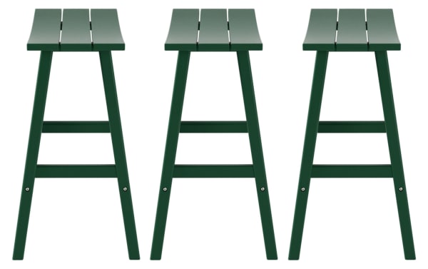 Set of 3 Paloma Green Backless Outdoor Bar Height Stools in high-density plastic, transitional style, rectangular curved seats, weather-resistant design.