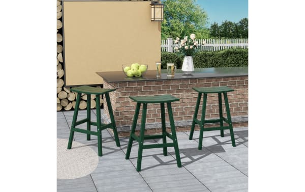 Set of 3 Paloma Green Backless Outdoor Bar Height Stools with curved rectangular seats, high-density plastic, transitional style, UV-resistant