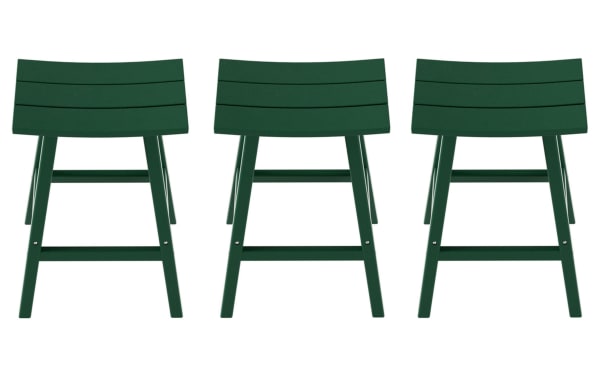 Set of 3 Paloma Green Backless Outdoor Bar Height Stools in transitional style, made of durable high-density plastic with curved rectangular seats.