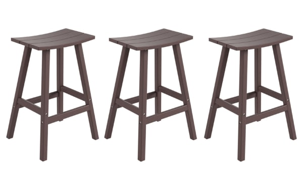 Set of 3 Paloma Dark Brown Backless Outdoor Bar Height Stools, transitional style, high-density plastic, curved rectangular seats, UV and weather-resistant.