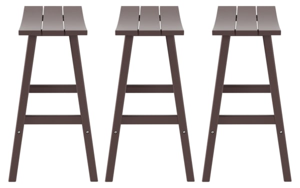 Set of 3 Paloma Dark Brown Backless Outdoor Bar Height Stools, high-density plastic, transitional style, rectangular curved seats, weather-resistant