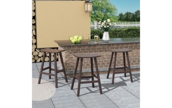 Set of 3 Paloma Dark Brown Backless Outdoor Bar Height Stools with rectangular curved seats, high-density plastic, and transitional style for patio seating