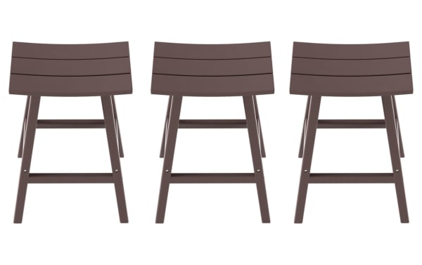 Set of 3 Paloma Dark Brown Backless Outdoor Bar Height Stools with rectangular curved seats, high-density plastic, UV and weather-resistant, transitional style