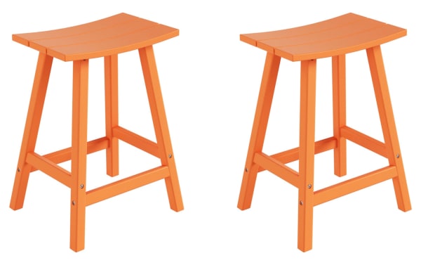 Set of 2 Paloma Orange Backless Outdoor Counter Height Stools, transitional style, high-density plastic, UV- and weather-resistant curved rectangular seats for patio seating