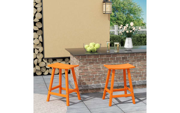 Set of 2 Paloma Orange Backless Outdoor Counter Height Stools with rectangular curved seats, high-density plastic, UV-resistant, transitional style