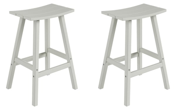Set of 2 Paloma White Gray Backless Outdoor Bar Height Stools with curved rectangular seats, high-density plastic, and transitional style for patio seating
