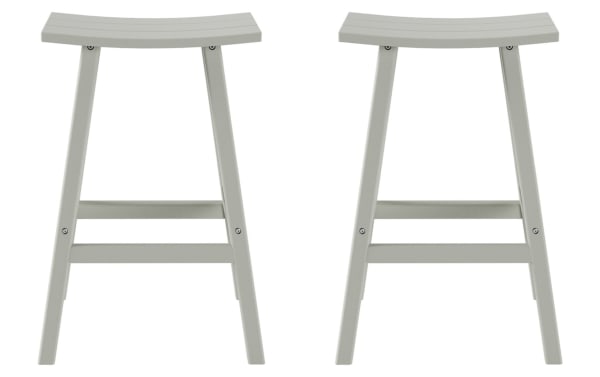 Set of 2 Paloma White Gray backless outdoor bar height stools with curved rectangular seats, high-density plastic, and transitional style for patio seating