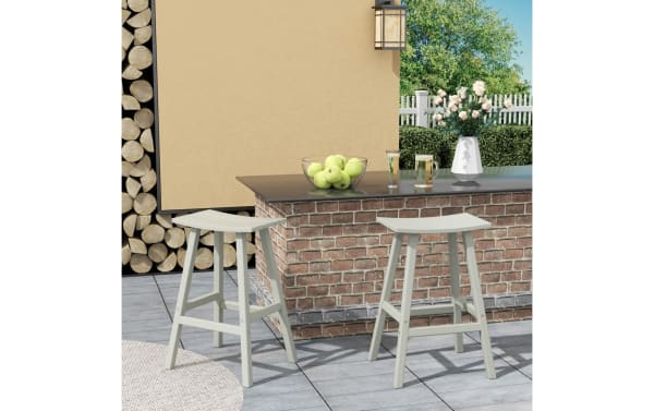 Set of 2 Paloma White Gray Backless Outdoor Bar Height Stools with rectangular curved seats, high-density plastic, and transitional style for patio seating