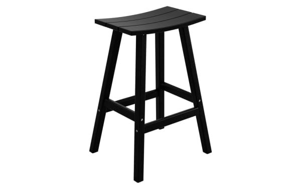 Paloma Black Backless Outdoor Bar Height Stool with curved rectangular seat, high-density plastic, UV/weather-resistant, transitional style.