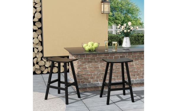Set of 2 Paloma Black Backless Outdoor Bar Height Stools with high-density plastic, rectangular curved seats, and transitional style for patio seating