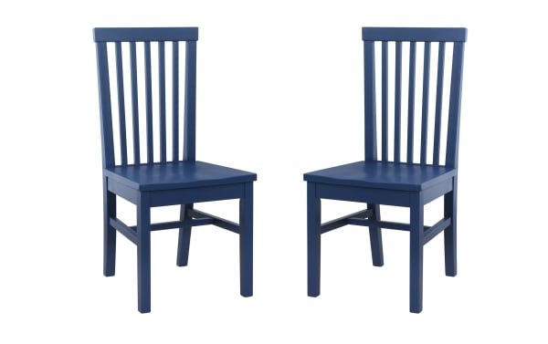 Set of 2 Perry Navy Slat Back Solid Wood Dining Chairs with high slatted backs, made from navy blue rubberwood and MDF in farmhouse style.