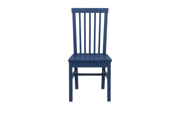 Navy blue Perry farmhouse dining chair with high slat back, solid rubberwood frame, glossy lacquer finish, sturdy construction.