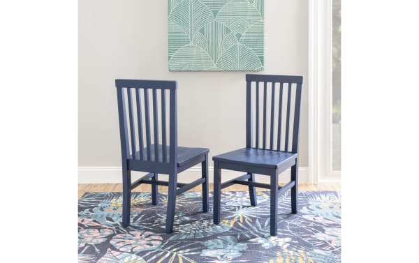 Set of 2 Perry Navy Slat Back Solid Wood Dining Chairs in farmhouse style, made of rubberwood and MDF with glossy lacquer finish.