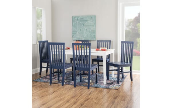 Set of six Perry Navy Slat Back solid wood dining chairs in farmhouse style, made from rubberwood solids and MDF with glossy lacquer finish.