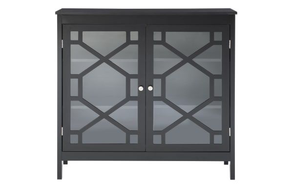 Frankie Black 2 Door Cabinet from the Frankie collection features a transitional style with black MDF frame, glass pane doors, and geometric overlay, offering three interior shelves for versatile home storage.
