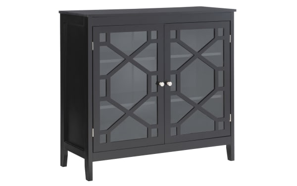 Frankie Black 2 Door Cabinet from the Frankie collection, transitional style MDF and glass storage with geometric glass pane doors and three interior shelves.