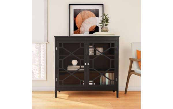 Frankie Black Two Door Cabinet from Frankie collection, transitional style MDF and glass with black finish, decorative glass pane doors, and three interior shelves for versatile storage.