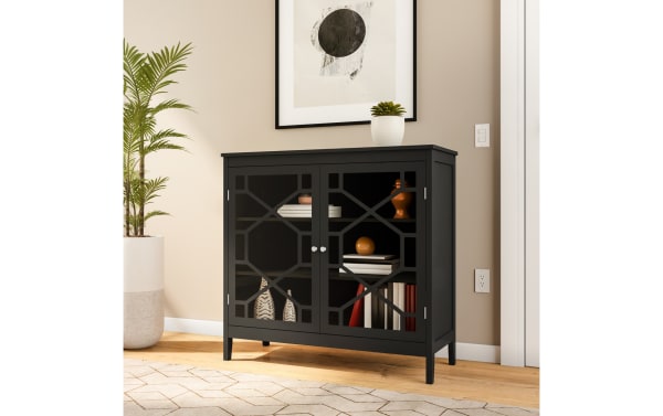 Frankie Black Two Door Cabinet from the Frankie collection, transitional style MDF and glass storage with geometric paneled glass doors and three interior shelves.