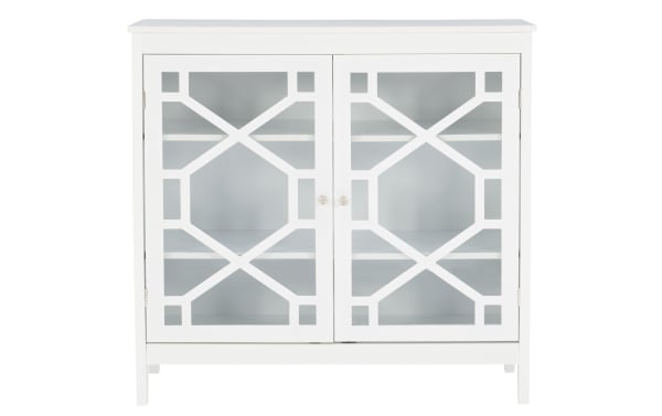 Frankie White 2 Door Cabinet from the Frankie collection features a transitional style with white MDF frame and glass pane doors, offering three interior shelves for versatile storage.