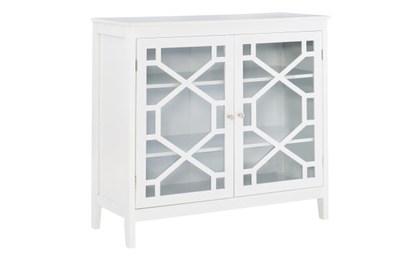 Frankie White 2 Door Cabinet from the Frankie collection, featuring a transitional style with white MDF frame, glass pane doors, and geometric overlay, offering three interior shelves for versatile storage.