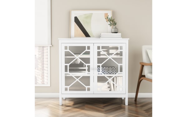 Frankie White 2 Door Cabinet in transitional style with white MDF frame, glass pane doors, and three interior shelves for versatile storage.
