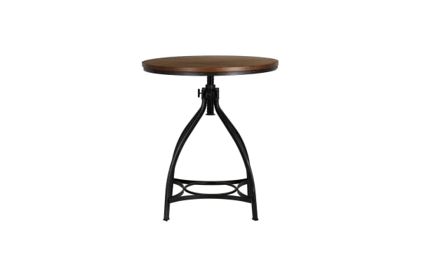 Hadley Brown Round Adjustable Bar Height Dining Table with steel black base, MDF wood top, industrial style, and hand-brushed metal finish.