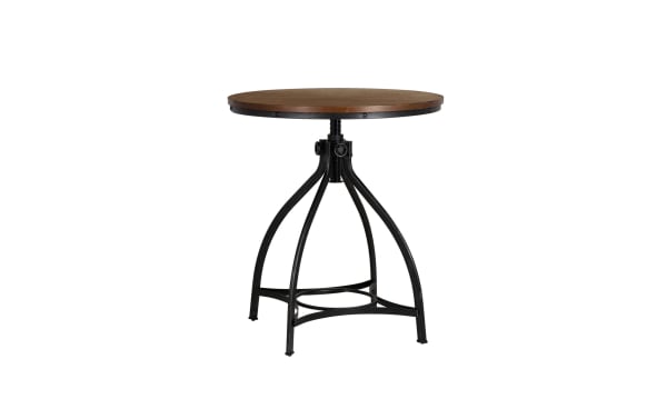 Hadley Brown Round Adjustable Bar Height Dining Table with industrial black steel base and warm brown MDF top, featuring a hand-brushed metal finish and height-adjustable round surface.