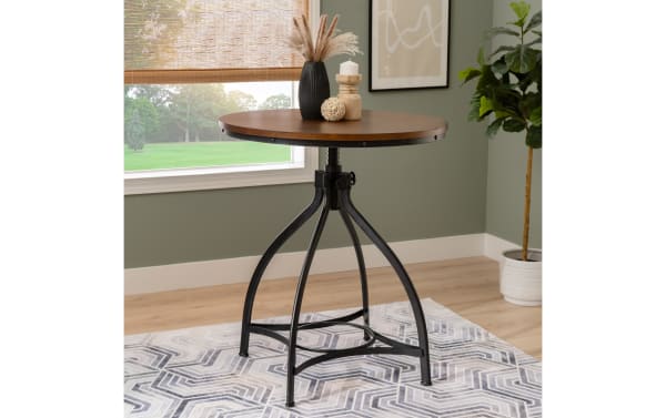 Hadley Brown Round Adjustable Bar Height Dining Table with steel black base, wood MDF top, industrial style, and hand-brushed metal finish.