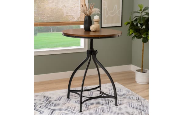 Hadley Brown Round Adjustable Bar Height Dining Table with steel black base and wood MDF top, featuring industrial style and hand-brushed metal finish.