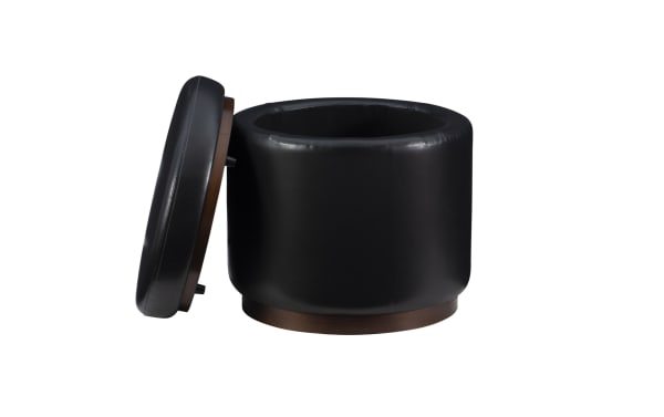 Blaze Black & Brown Faux Leather Storage Ottoman with removable lid, traditional style, black faux leather upholstery, and sturdy plywood frame for versatile storage and seating.