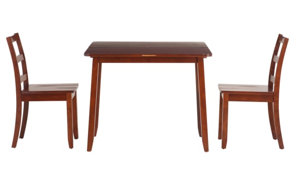 Brendon 3 Piece Brown Folding Solid Wood Dining Set with two ladder-back chairs and a folding table in traditional style, made of rubberwood solids, MDF, plywood, steel, and paper veneer.