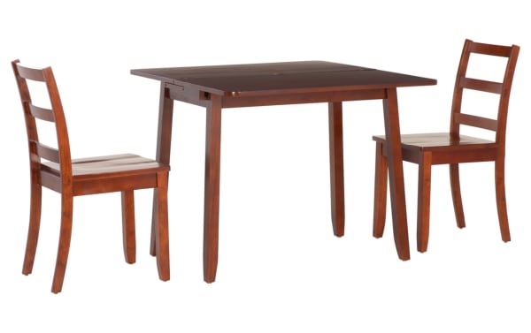 Brendon 3 Piece Brown Folding Solid Wood Dining Set with two ladder-back chairs and a space-saving fold-flat table in traditional style, made of rubberwood solids, MDF, plywood, steel, and paper veneer.