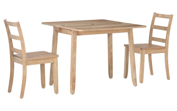 Brendon 3-piece traditional dining set with two ladder-back chairs and a folding solid wood table in natural gray finish, featuring hidden under-table storage for space-saving and extra seating.