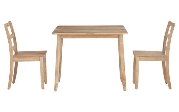 Brendon 3 Piece Gray Folding Solid Wood Dining Set with two ladder-back chairs and a folding table in natural wood finish, traditional style, made of rubberwood solids and plywood.