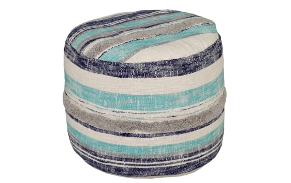 Swanson Blue Pouf with contemporary striped pattern in blue, gray, and white cotton fabric, handmade with EPS filling for comfort.