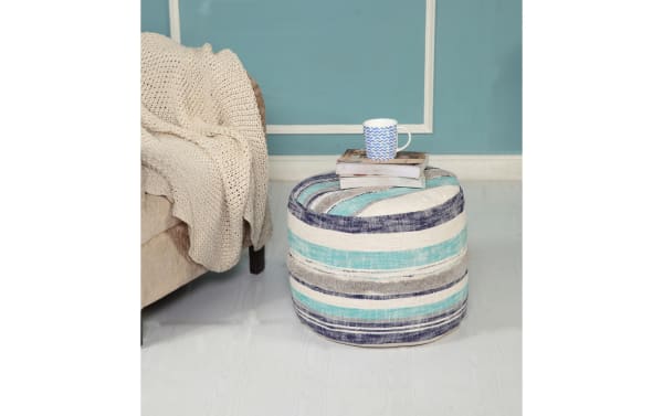 Swanson Blue Pouf in contemporary style with blue, white, and gray cotton fabric stripes, handmade with EPS filling for comfort.
